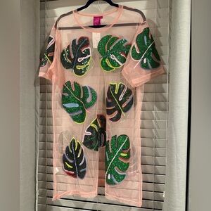 QUEEN OF SPARKLES Light Pink Sheer Coverup with MontseraGreen Sequin Leaf Detail
